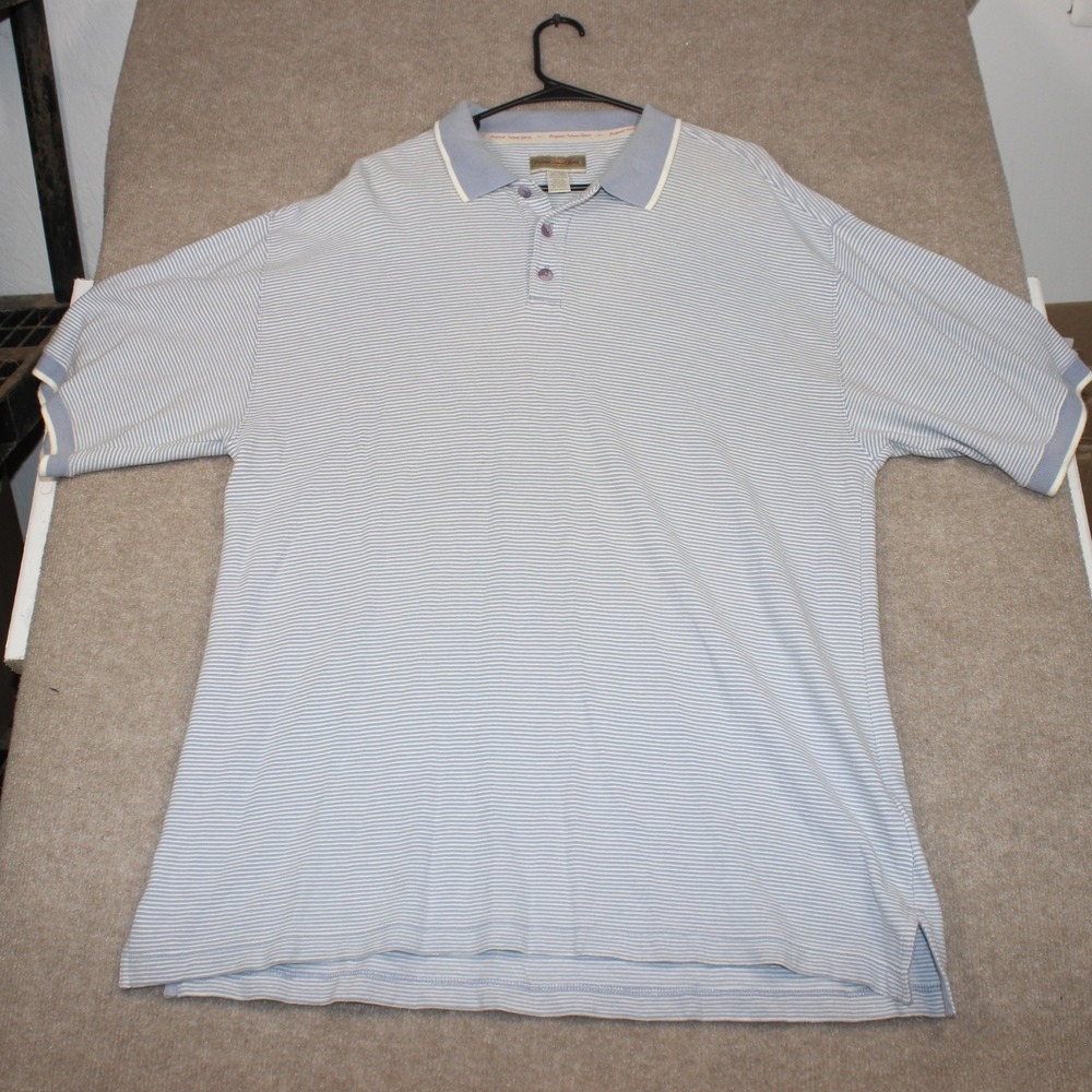 Original Island Sport Mens XL Blue White Striped Cotton Short Sleeve Polo Shirt